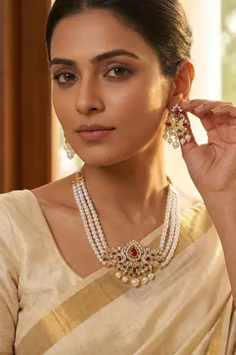 Elegant 3-layer faux pearl choker necklace set with ruby-red & clear stone pendant
