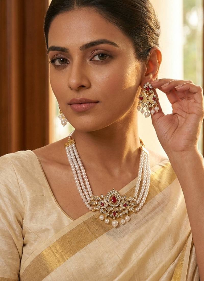 Elegant 3-layer faux pearl choker necklace set with ruby-red & clear stone pendant
