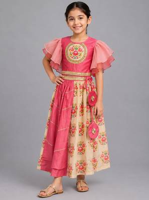 Coral pink beige printed cotton lehenga set 1