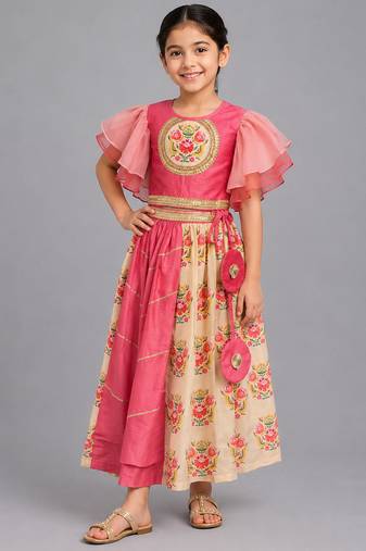 Coral pink beige printed cotton lehenga set