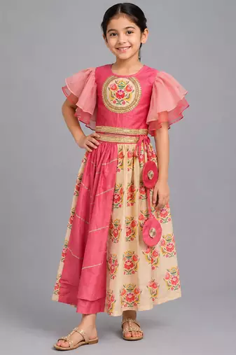 Coral pink beige printed cotton lehenga set