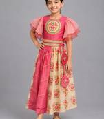 Coral pink beige printed cotton lehenga set