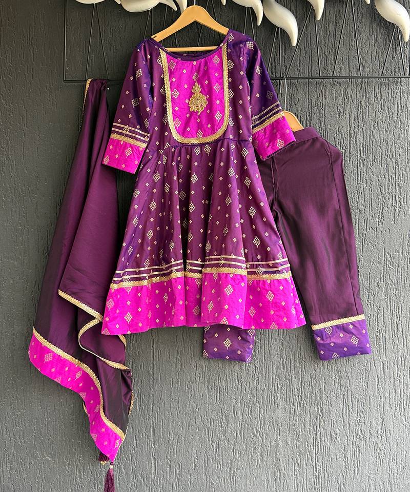 Deep plum purple embroidered silk anarkali set