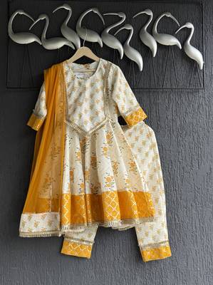 Off white marigold printed cotton silk anarkali set 1