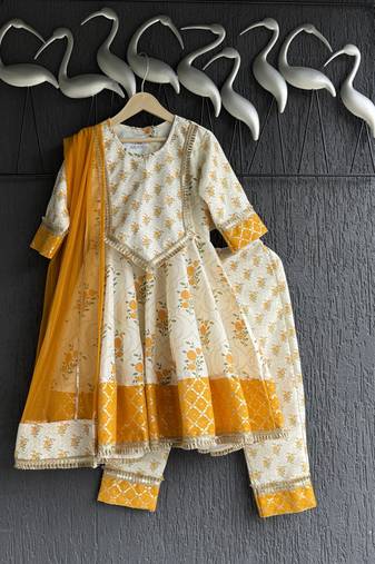 Off white marigold printed cotton silk anarkali set