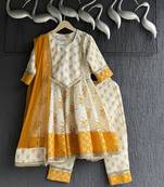 Off white marigold printed cotton silk anarkali set