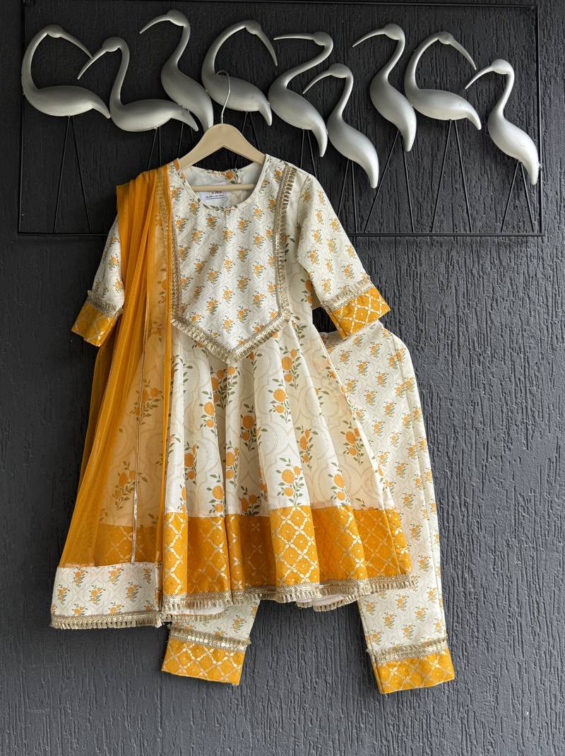 Off white marigold printed cotton silk anarkali set