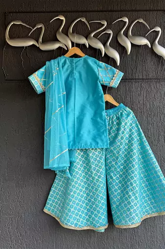 Turquoise blue embroidered cotton silk gharara set