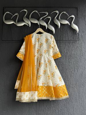 Off white marigold printed cotton silk anarkali set 2