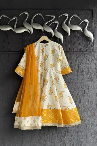 Off white marigold printed cotton silk anarkali set