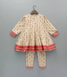 Beige printed cotton silk anarkali set