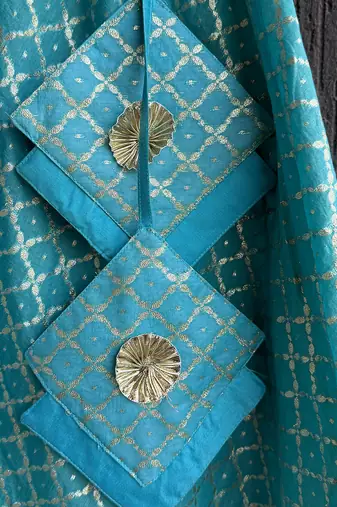 Turquoise blue embroidered cotton silk gharara set