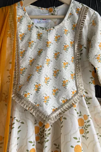 Off white marigold printed cotton silk anarkali set