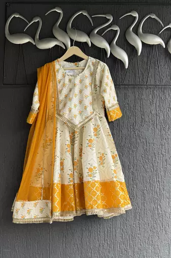 Off white marigold printed cotton silk anarkali set