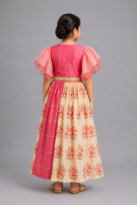 Coral pink beige printed cotton lehenga set 2