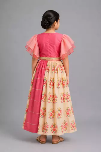 Coral pink beige printed cotton lehenga set