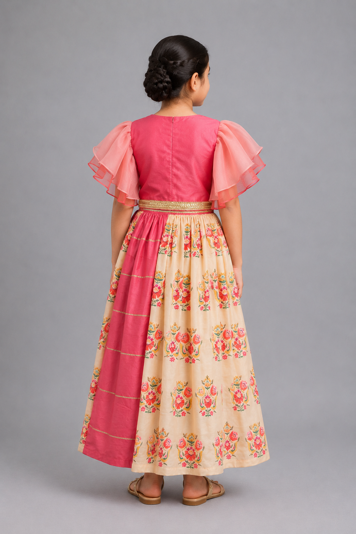 Coral pink beige printed cotton lehenga set