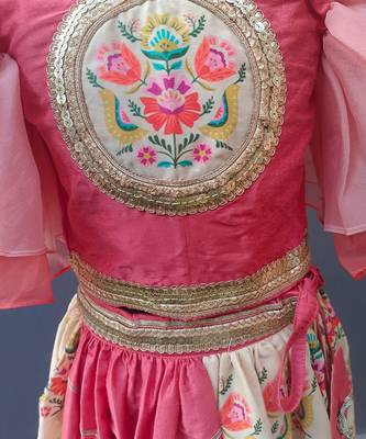 Coral pink beige printed cotton lehenga set 3