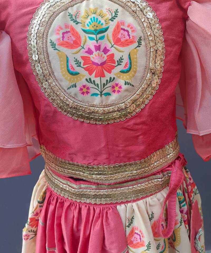 Coral pink beige printed cotton lehenga set