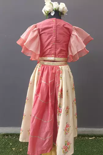 Coral pink beige printed cotton lehenga set