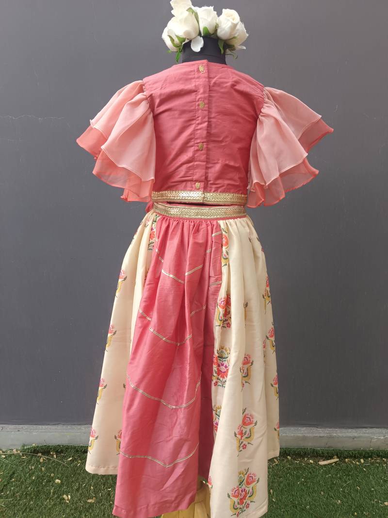Coral pink beige printed cotton lehenga set
