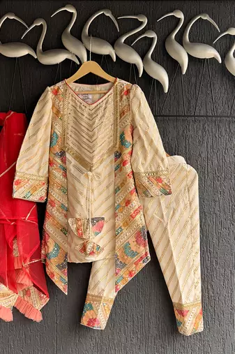 Off white embroidered chanderi kurti set