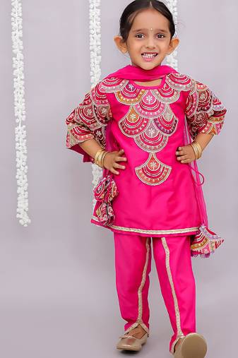Hot pink embroidered cotton silk dhoti kurta set
