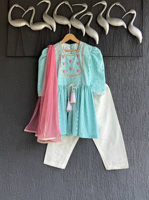Blue embroidered cotton silk kurti set 2