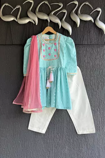 Blue embroidered cotton silk kurti set