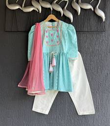 Blue embroidered cotton silk kurti set