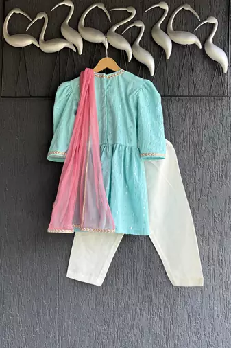 Blue embroidered cotton silk kurti set