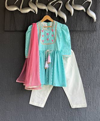 Blue embroidered cotton silk kurti set 1