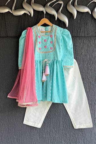 Blue embroidered cotton silk kurti set