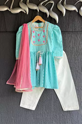 Blue embroidered cotton silk kurti set