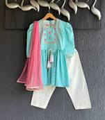 Blue embroidered cotton silk kurti set