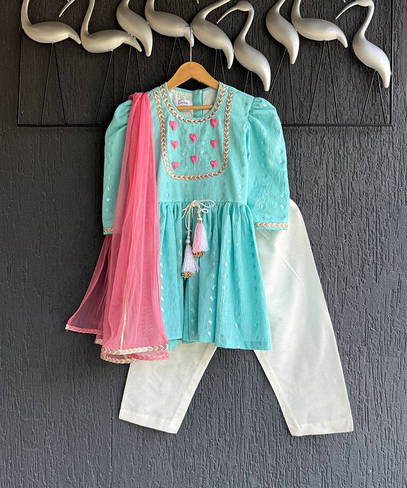 Blue embroidered cotton silk kurti set