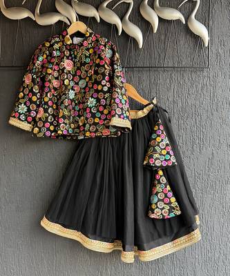 Black embroidered cotton silk lehenga set 1