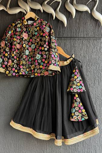Black embroidered cotton silk lehenga set