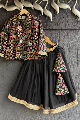Black embroidered cotton silk lehenga set