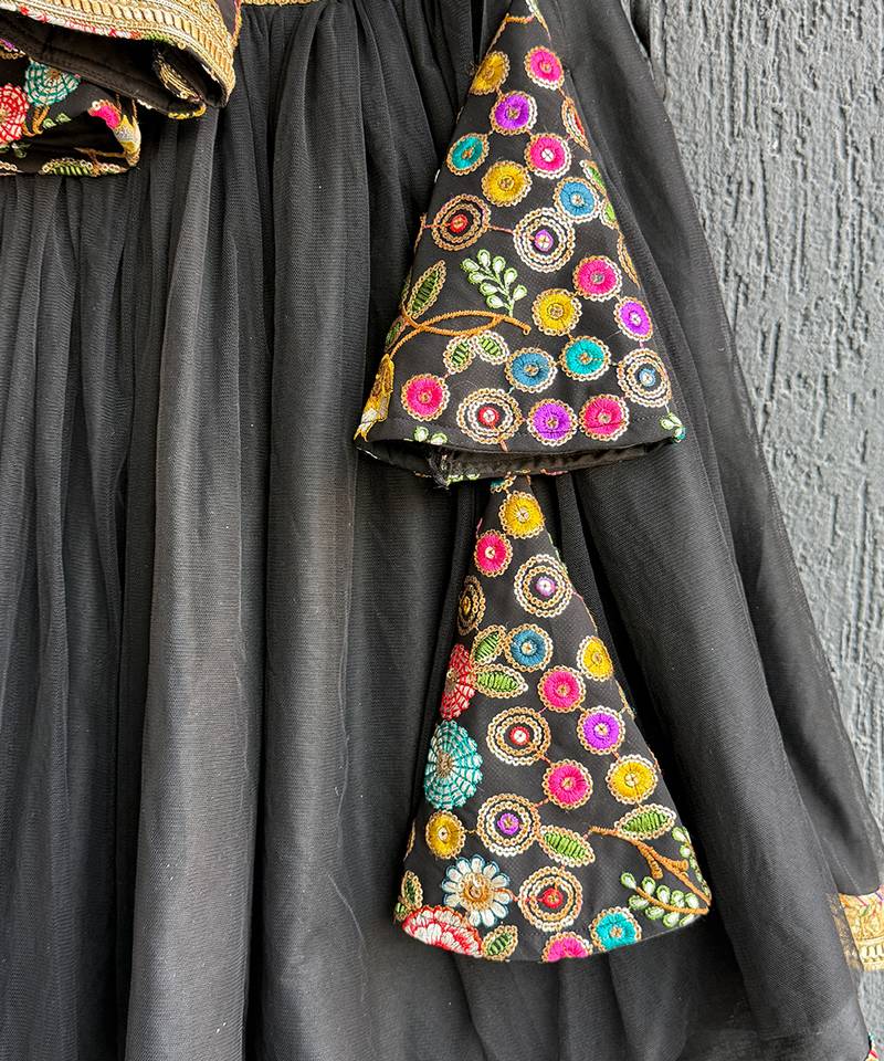 Black embroidered cotton silk lehenga set