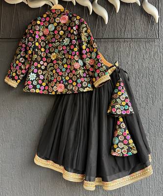 Black embroidered cotton silk lehenga set 3