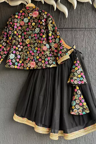 Black embroidered cotton silk lehenga set