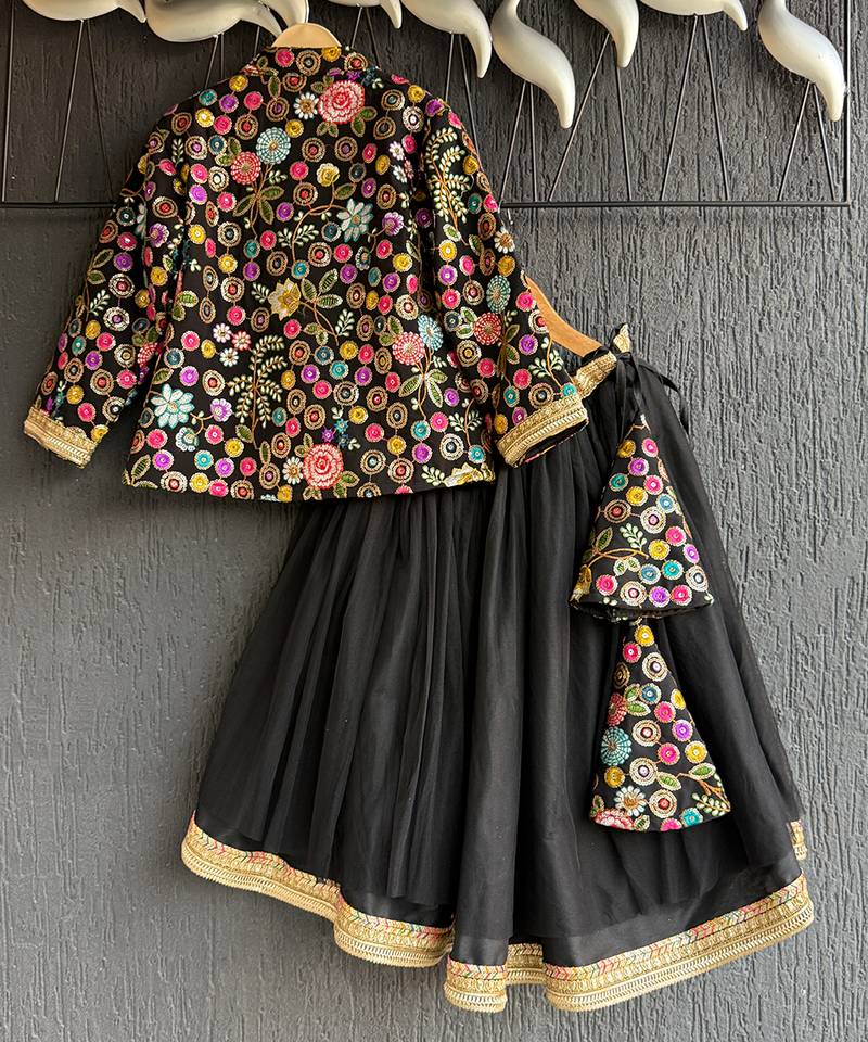 Black embroidered cotton silk lehenga set