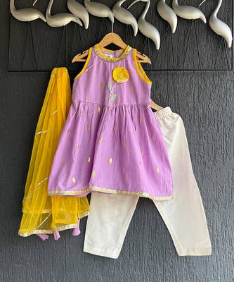Lavender purple embroidered cotton silk kurti set 1