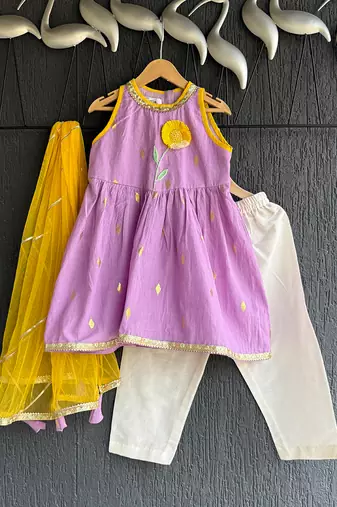Lavender purple embroidered cotton silk kurti set