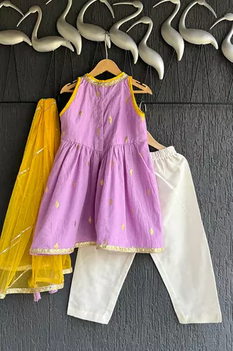 Lavender purple embroidered cotton silk kurti set