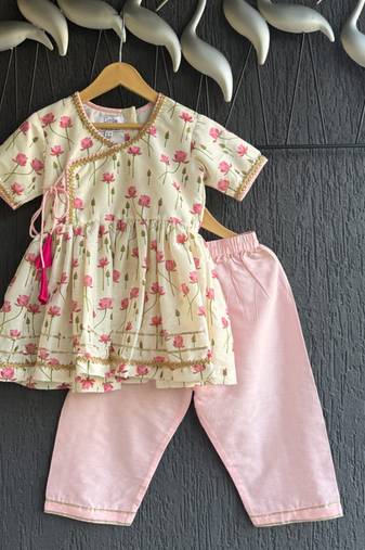 Off white lotus printed cotton silk kurti set
