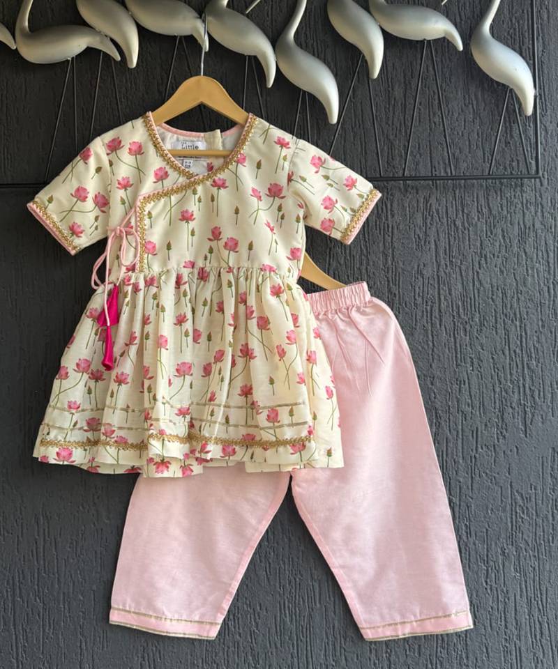 Off white lotus printed cotton silk kurti set