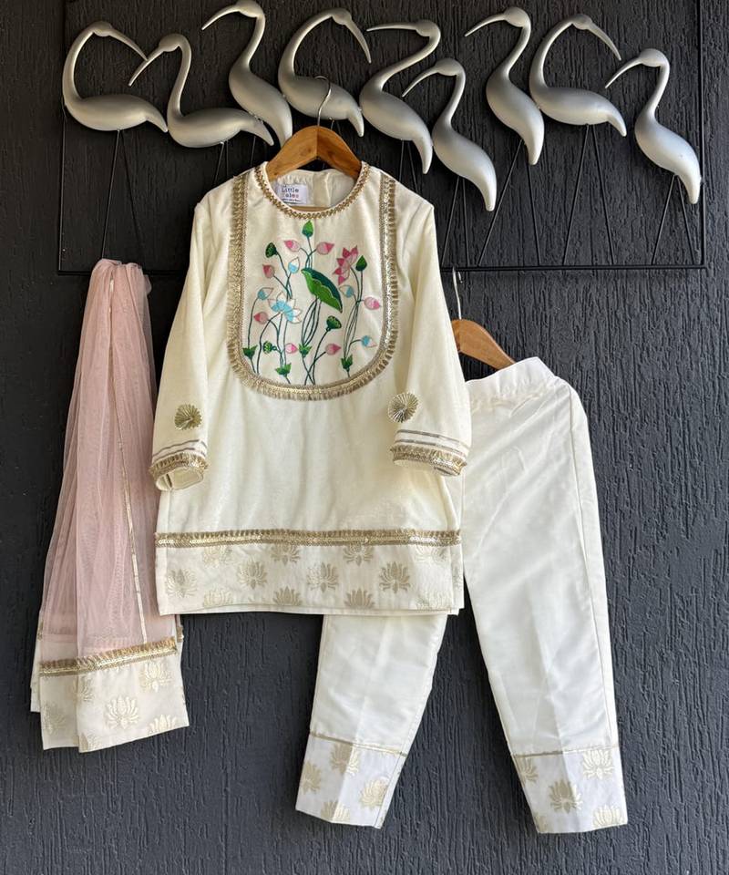 Off white embroidered cotton silk kurti set