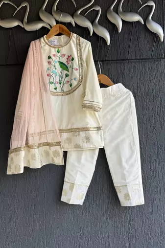 Off white embroidered cotton silk kurti set